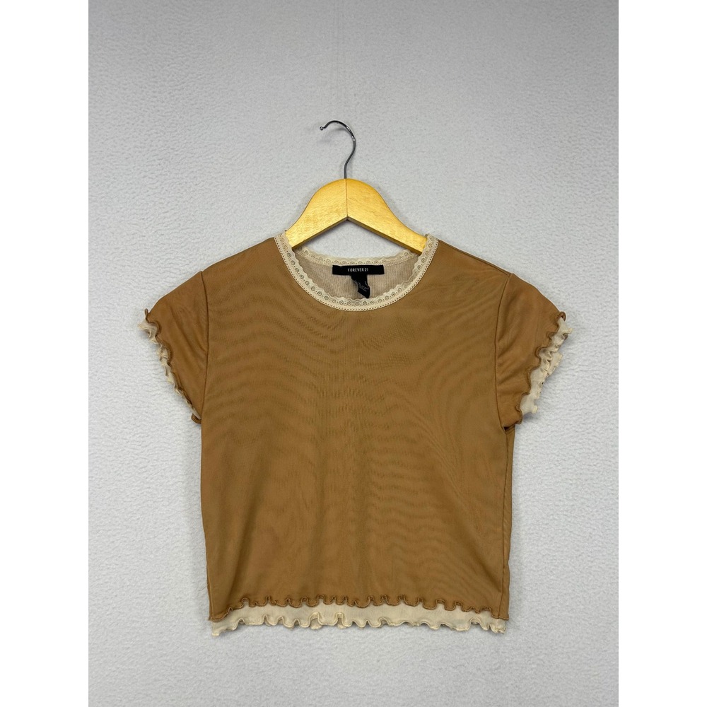 Coquette Fairycore Forever 21 Womens Small Brown Mesh Lettuce Trim Crop Top